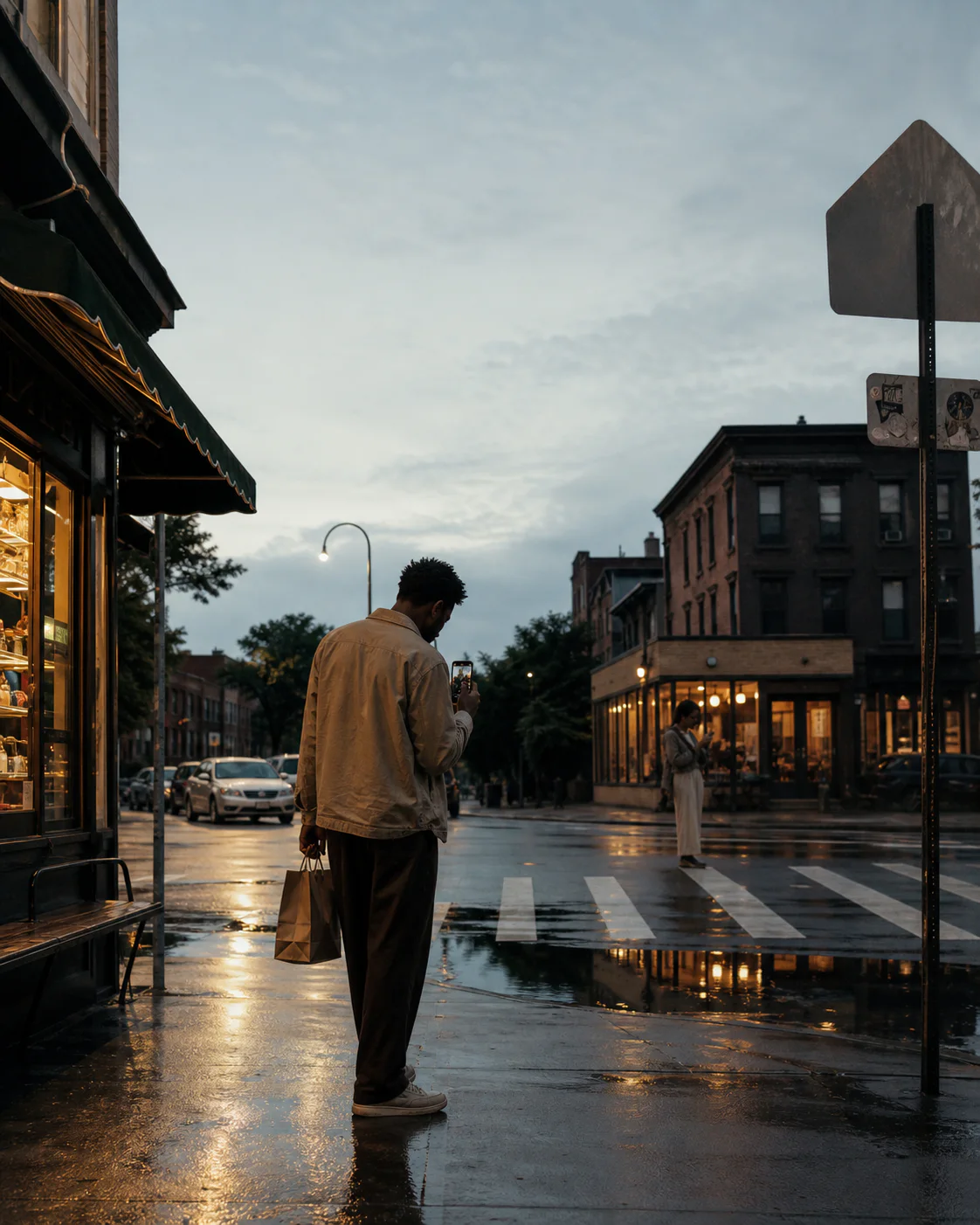 Two people notice the same city light after rain