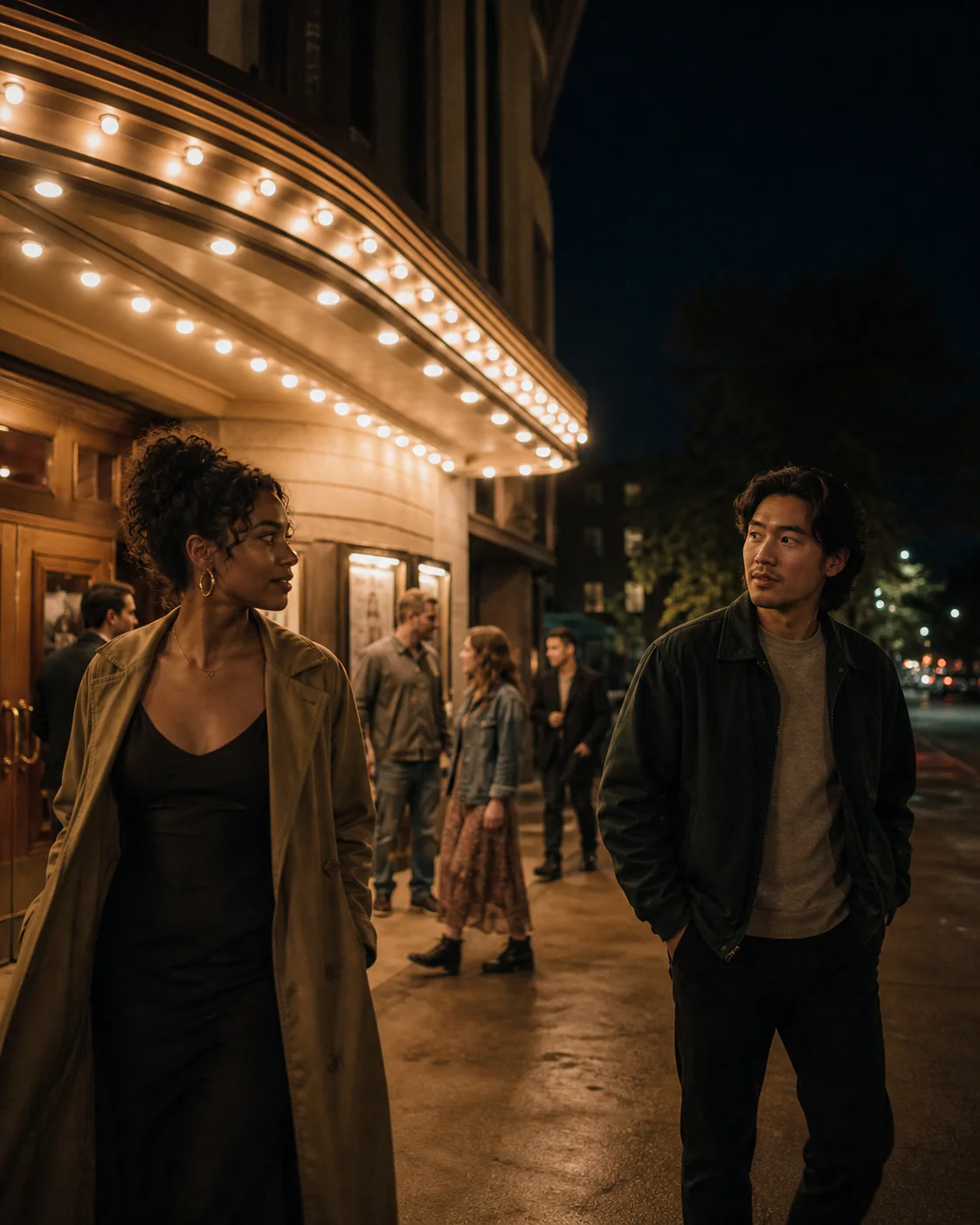 Two strangers glance at each other outside a neighborhood cinema