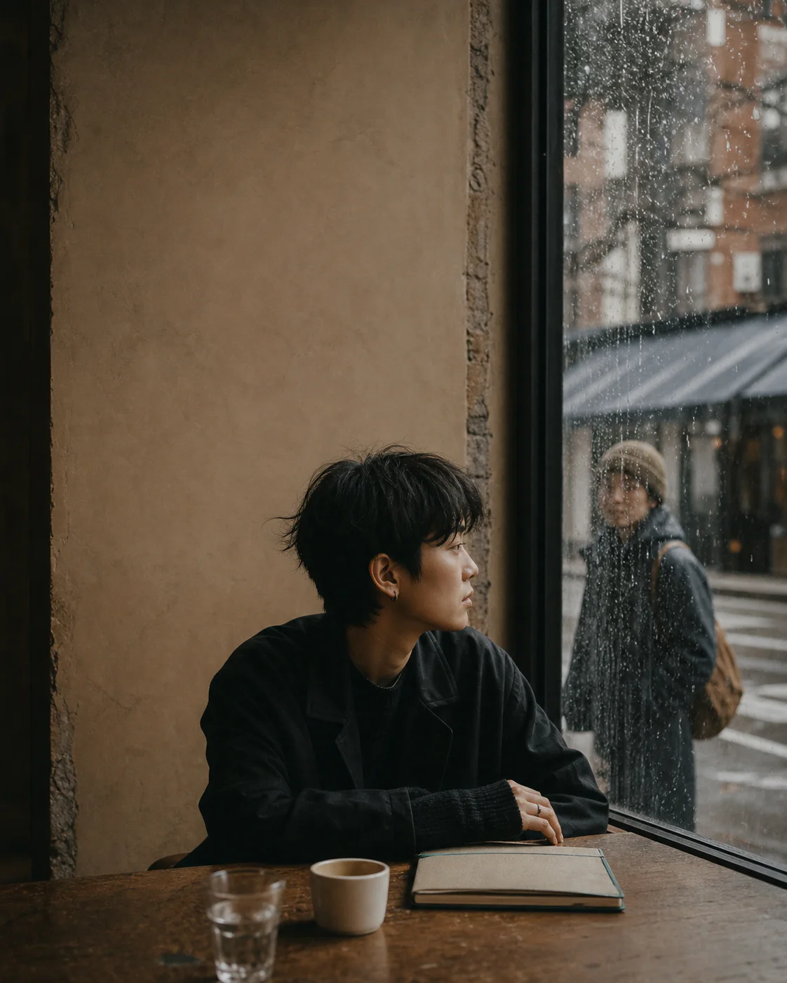 A thoughtful person sits by a rain-covered café window